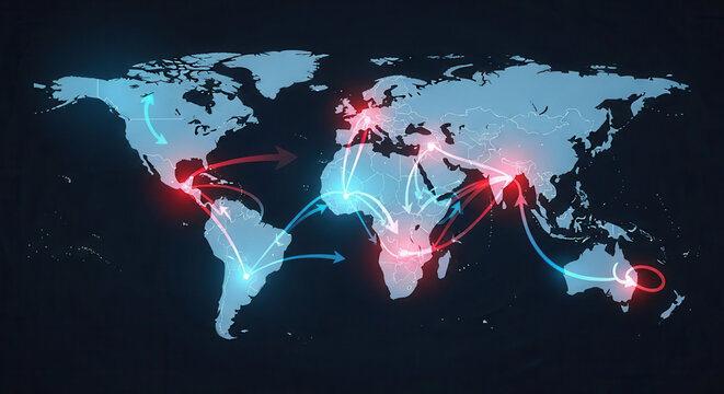 Global network connections visualized with glowing lines and arrows, representing international trade, data flow, and worldwide communication - Powered by Adobe