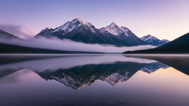 Serene mountain landscape with snow-capped peaks reflected in a still lake at dawn, surrounded by soft mist.