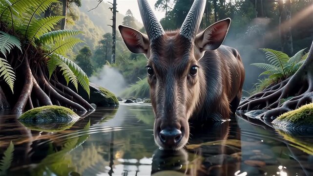 Saola the rare and endangered asian unicorn drinking water from a clear river in a lush rainforest.
With motion blur and bokeh background.