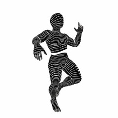 Abstract human figure with unique striped pattern in dynamic pose.