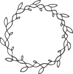 A black and white drawing of a wreath with leaves