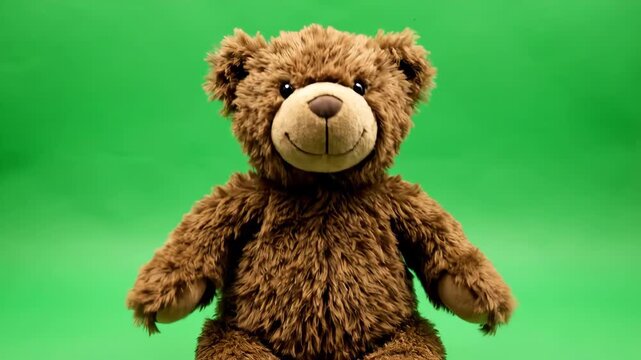 An isolated fluffy brown teddy bear slightly bobbing its head and body while sitting on a bright chroma key green background ready for compositing commercial use, video element, isolated shot