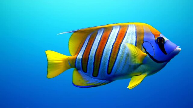 An isolated large regal angelfish swimming smoothly across a simplified ocean gradient background ready for easy compositing onto different graphic templates underwater, smoothly, design
