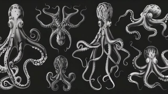 Video A black and white drawing of octopuses