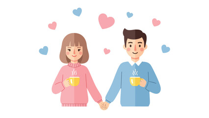 Love and Warmth: A couple holds hands, radiating warmth and affection while enjoying their cups of coffee, surrounded by floating hearts. 