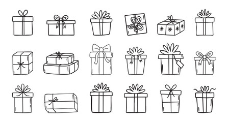 Christmas gifts and present boxes line art clipart set with ribbons and bows, monochrome collection, hand drawn.