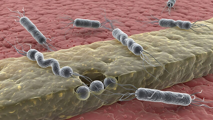 Microscopic bacteria flagellated spiral, rod forms on biological tissue