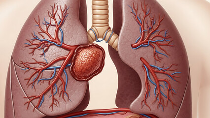 Illustration of human lungs with a tumor or growth visible on the left lung