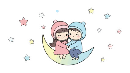 Sweethearts Under the Starlight: A charming illustration depicts two cartoon figures, a boy and girl, cozily perched on a crescent moon, hand in hand amidst a backdrop of twinkling stars.