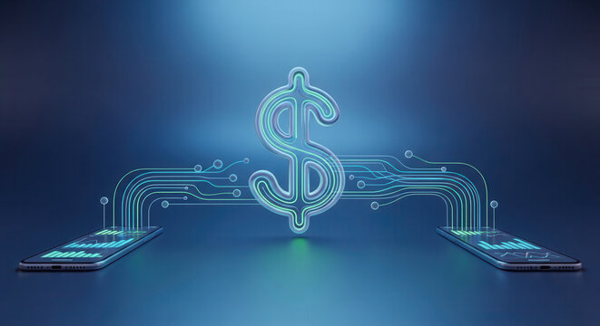 Dynamic digital dollar symbol connects smartphones displaying financial data, symbolizing seamless fintech transactions and modern wealth management. - Powered by Adobe
