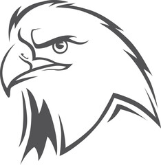 A black and white drawing of an eagle with its head turned to the side