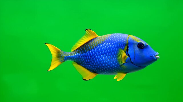 An isolated royal blue and yellow triggerfish swimming slowly across a chroma key green screen background for easy digital compositing specialeffects, vibrant, key
