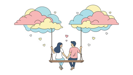 Love's Serenade in the Sky: An illustrated scene depicting a couple suspended in the clouds on a swing, surrounded by floating hearts and soft, pastel clouds, an ode to romance and connection. 