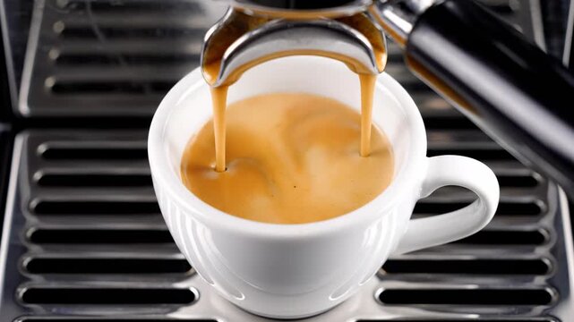 An overhead aerial view following the entire process as golden brown espresso is automatically dispensed from above into a small empty white ceramic container made, angle, white