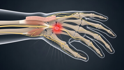 Anatomical illustration of wrist pain and inflammation in the hand and carpal tunnel