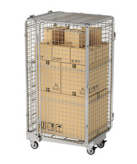 Warehouse folding roll cage trolley with carton boxes isolated on white background - 3d illustration