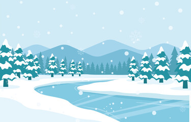 Scenic winter vector illustration featuring a winding frozen river or snowy path flowing through a pine forest and mountains.