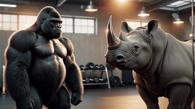 Gorilla flexing muscles with a rhinoceros in a fitness gym interior.
With motion blur and bokeh background.