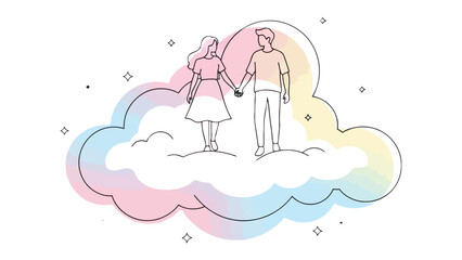 Love's Cloud: A couple stands together on a fluffy cloud, a visual poem of love and connection, perfect for conveying themes of togetherness and devotion.