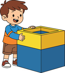 Happy Young Boy Holding onto Large Toy Box or Trash Bin, Organizing, Cleanup, Storage, Child, Education, Responsibility, Vector