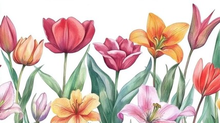 Obraz premium Watercolor painted tulips and lilies composition arranged into floral pattern