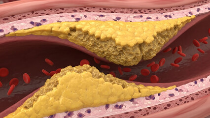 Atherosclerosis Plaque buildup narrowing human artery, obstructing blood flow and increasing health risks