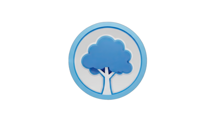 Stylized Blue Tree Inside a Circle Emblem with Light Blue Border on Black Background with Transparent Background.
