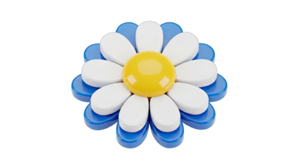 Stylized Daisy Flower With Yellow Center And Blue And White Petals Isolated On Transparent Background Realistic 3D Rendering