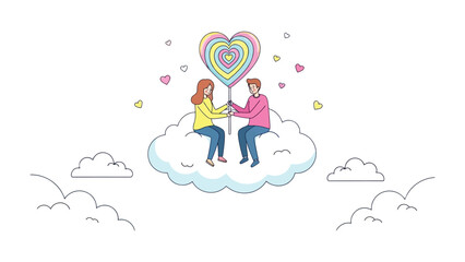 Love's Sweet Embrace: A heartwarming illustration of a couple sharing a giant heart-shaped lollipop, symbolizing love and unity, while floating on a fluffy cloud.