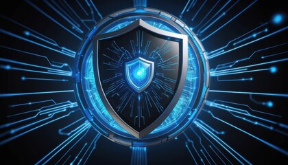 Visual representation of digital security with shield and blue energy patterns Generative AI