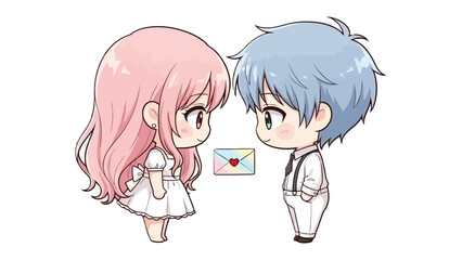 Romantic Cartoon Illustration: A charming cartoon couple, eyes locked in tender gazes, exchanging a sweet, heart-adorned love letter. Capturing the innocence and purity of young love.