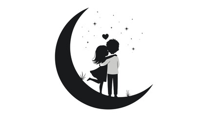Moonlit Embrace: A romantic silhouette of a couple, entwined in an intimate hug, standing together upon a crescent moon beneath a starlit sky, evoking feelings of love and connection.