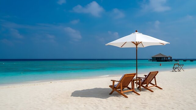 Seaside Serenity: A pristine beach scene unfolds, capturing the essence of a perfect day, with the turquoise ocean, a parasol, and inviting deck chairs under a clear blue sky. - Powered by Adobe