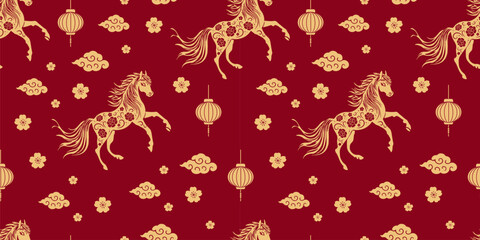 Obraz premium Chinese New Year 2026. Year of the Horse. Seamless pattern for print on wrapping paper, fabric, wallpaper and other surfaces
