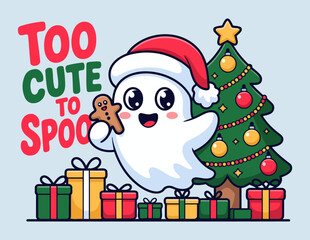 Adorable Ghost in Santa Hat Holding Gingerbread with Christmas Tree and Gifts