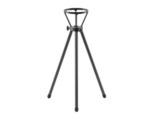 Black metal tripod stand with circular top isolated on transparent background
