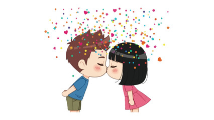 First Kiss Amidst a Shower of Joy: Capturing the sweet intimacy of a first kiss, a pair of cartoon characters share a tender moment surrounded by a vibrant display of confetti.