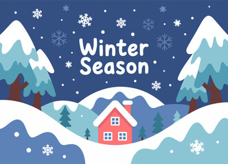 Naklejka premium Snowy Winter Season Landscape with Cozy House and Pine Trees