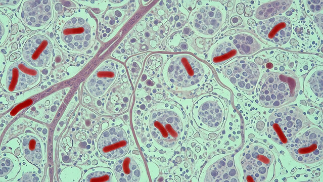 Microscopic examination of tissue cells revealing distinct rod-shaped bacterial presence and proliferation
