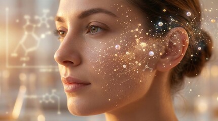 Active Skincare Molecules Penetrating Facial Skin Macro View