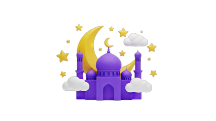 Stylized Purple Mosque Under A Golden Crescent Moon Surrounded By Stars And Clouds On A Transparent Background Islamic Holiday Celebration Ramadan Kareem Eid Mubarak