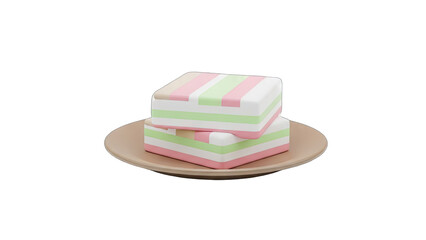 Stacked Colorful Layered Desserts With Pink White And Green Stripes On A Brown Plate With Transparent Background Soft Lighting