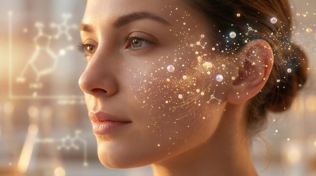 Active Skincare Molecules Penetrating Facial Skin Macro View