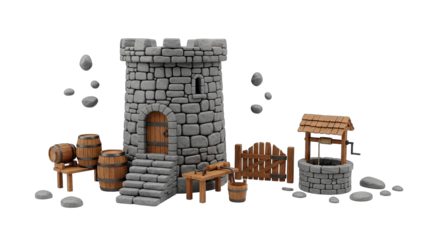 Stone Castle Tower With Wooden Barrels and Well on Transparent Background Realistic Pixel Art Style Illuminated by Soft Studio Lighting