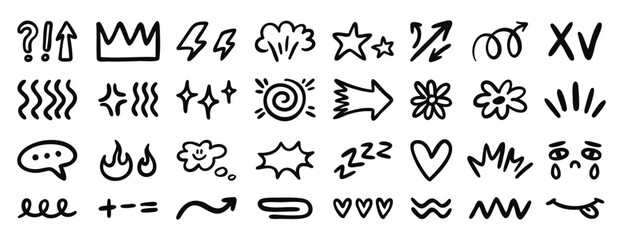 Random doodle icons monochrome line art with hearts arrows checks and tears, hand drawn