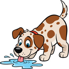 A cheerful cartoon puppy with brown spots and a red collar lapping water from a puddle.