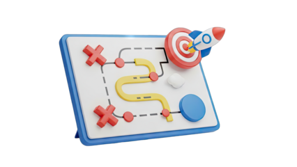 Strategic planning board with a colorful path to a target and a rocket launching towards success symbolising business growth and achievement in a 3d render with a transparent background