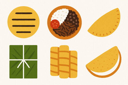 Venezuelan cuisine icons in flat vector grid with rugged torn texture on white background