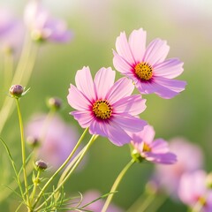 Obraz premium Closeup of delicate pink cosmos flowers blooming in a softfocus green garden setting