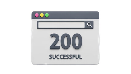 Success message with number 200 and search bar in a browser window interface with colorful buttons and a dark gray background with subtle lighting effect